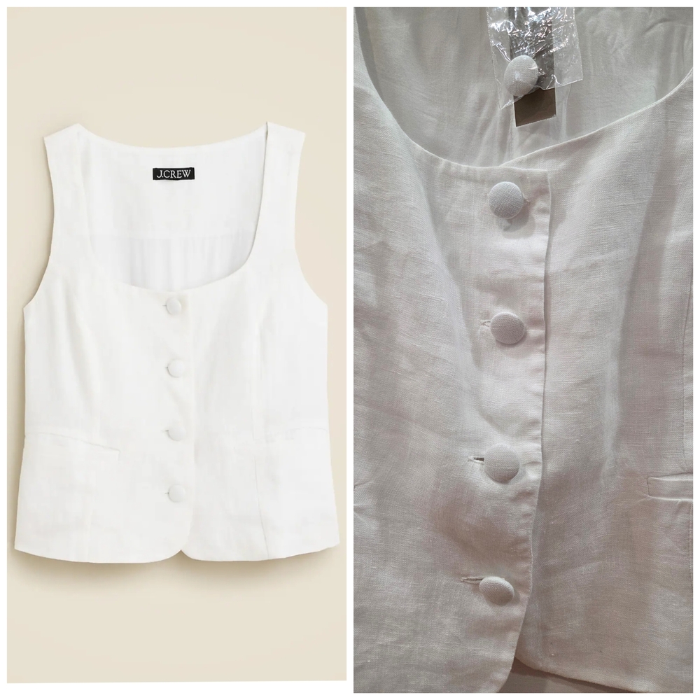 NWY J. Crew White Linen Button-Front Square-Neck Tank - Picture 2 of 9